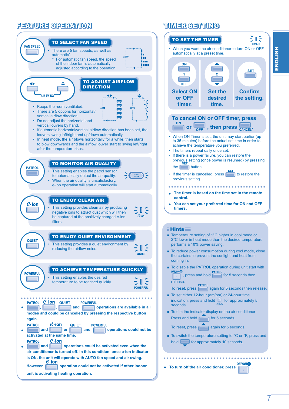 Feature operation | Panasonic CSE9GFEW User Manual | Page 7 / 68