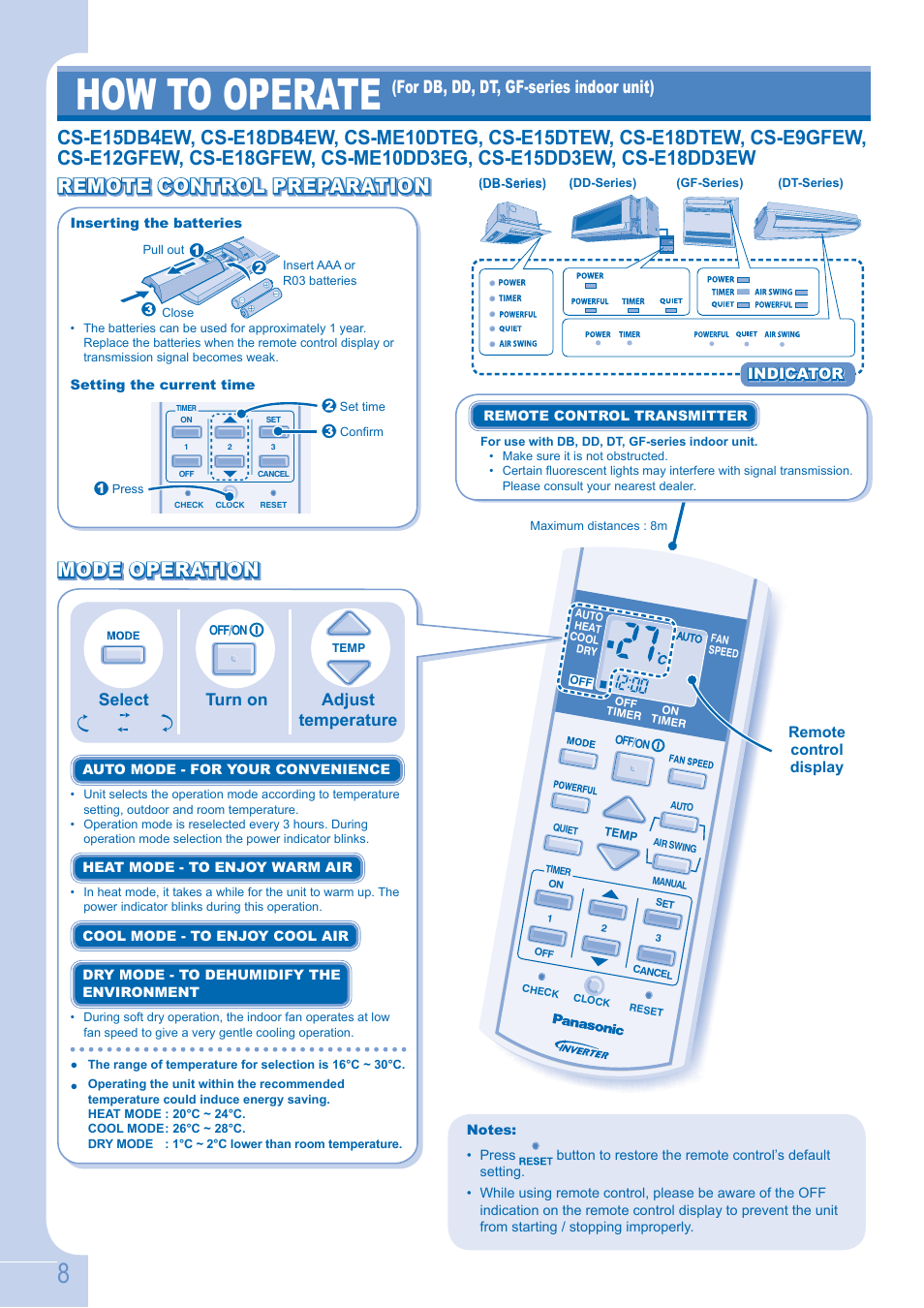 How to operate, Remote control preparation, For db, dd, dt, gf-series indoor unit) | Select turn on adjust temperature | Panasonic CSE9GFEW User Manual | Page 8 / 68