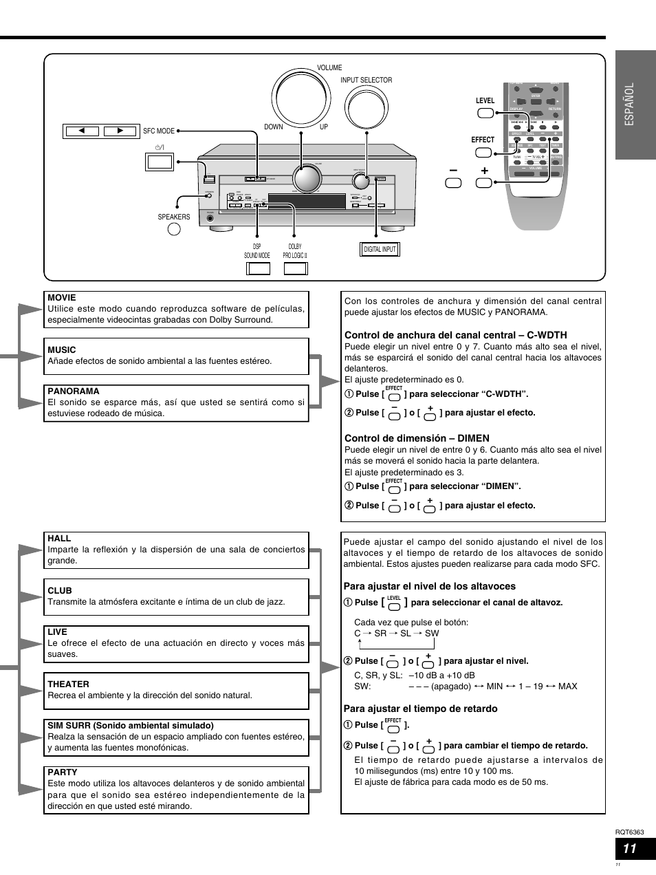 Espa ñ ol, Para ajustar el nivel de los altavoces, Para ajustar el tiempo de retardo | Control de anchura del canal central – c-wdth, Control de dimensión – dimen | Panasonic SCHT400 User Manual | Page 11 / 76