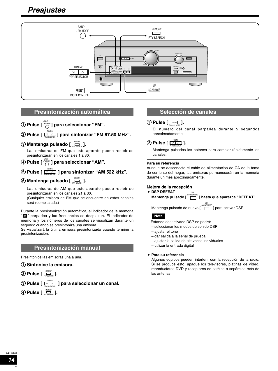 Preajustes, Qq pulse, Ww pulse | Mejora de la recepción | Panasonic SCHT400 User Manual | Page 14 / 76