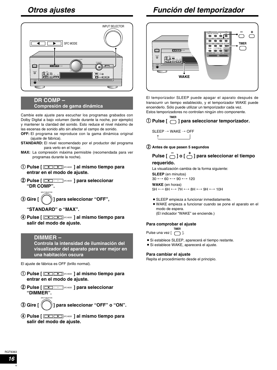 Función del temporizador, Otros ajustes, Dr comp | Dimmer, Qq pulse [ ] para seleccionar temporizador, Compresión de gama dinámica, Para comprobar el ajuste, Para cambiar el ajuste | Panasonic SCHT400 User Manual | Page 16 / 76