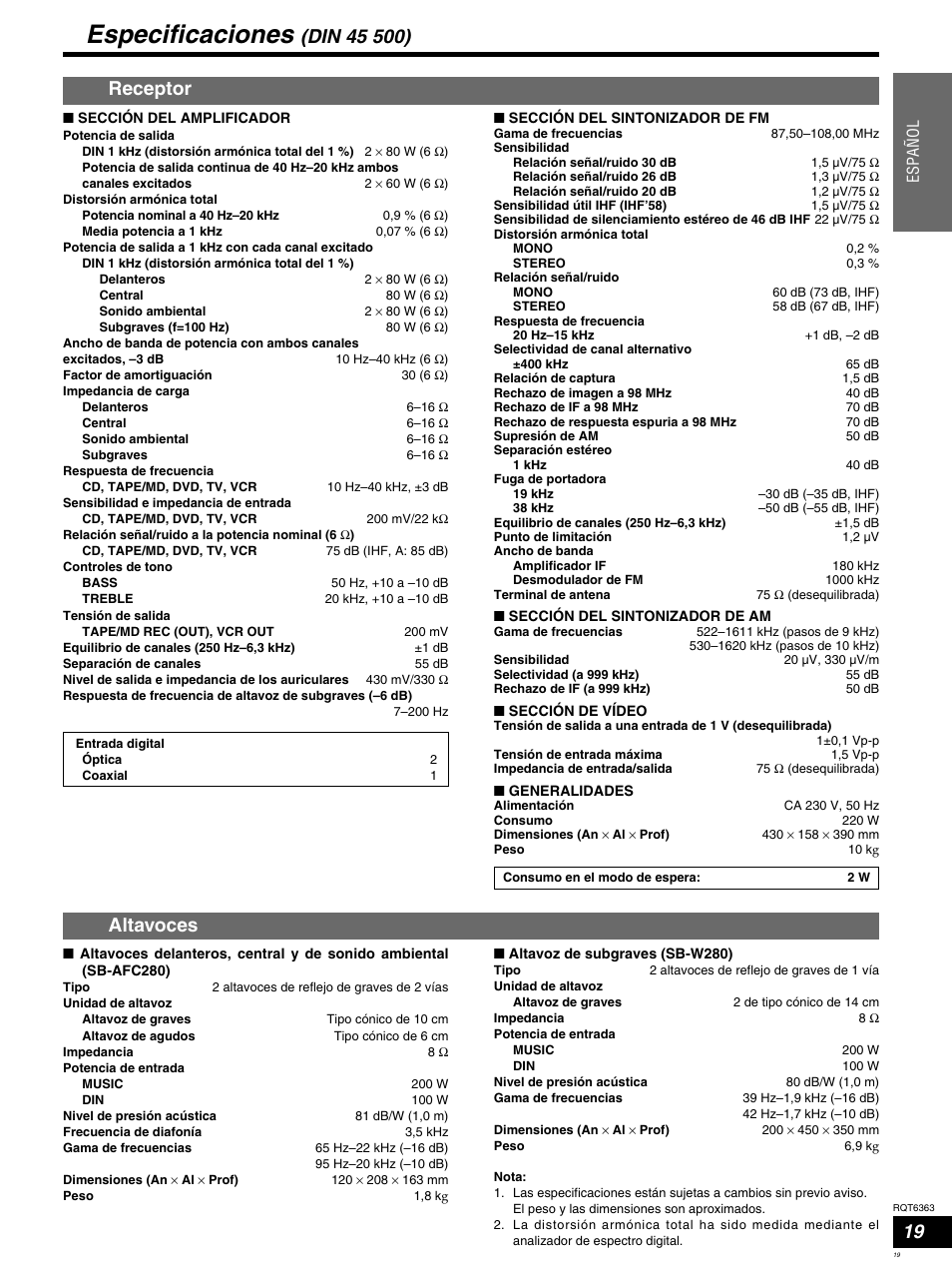 Especificaciones, Receptor, Altavoces | Espa ñ ol | Panasonic SCHT400 User Manual | Page 19 / 76