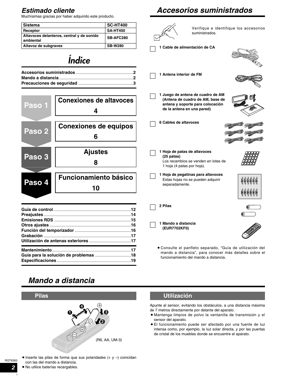 Índice, Paso 1, Paso 2 paso 3 paso 4 | Mando a distancia, Accesorios suministrados, Estimado cliente, Funcionamiento básico 10, Pilas, Utilización | Panasonic SCHT400 User Manual | Page 2 / 76