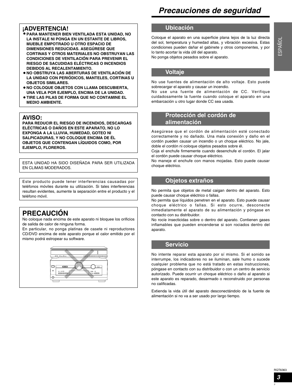 Precauciones de seguridad, Precaución, Ubicación | Voltaje, Protección del cordón de alimentación, Objetos extraños, Servicio, Advertencia, Aviso | Panasonic SCHT400 User Manual | Page 3 / 76