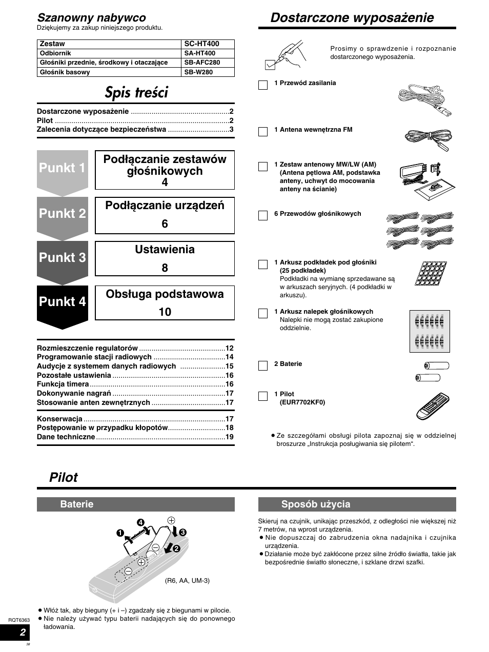 Spis treßci, Punkt 1, Punkt 2 punkt 3 punkt 4 pilot | Dostarczone wyposaæenie, Szanowny nabywco, Obsíuga podstawowa 10, Baterie, Sposób uæycia | Panasonic SCHT400 User Manual | Page 38 / 76