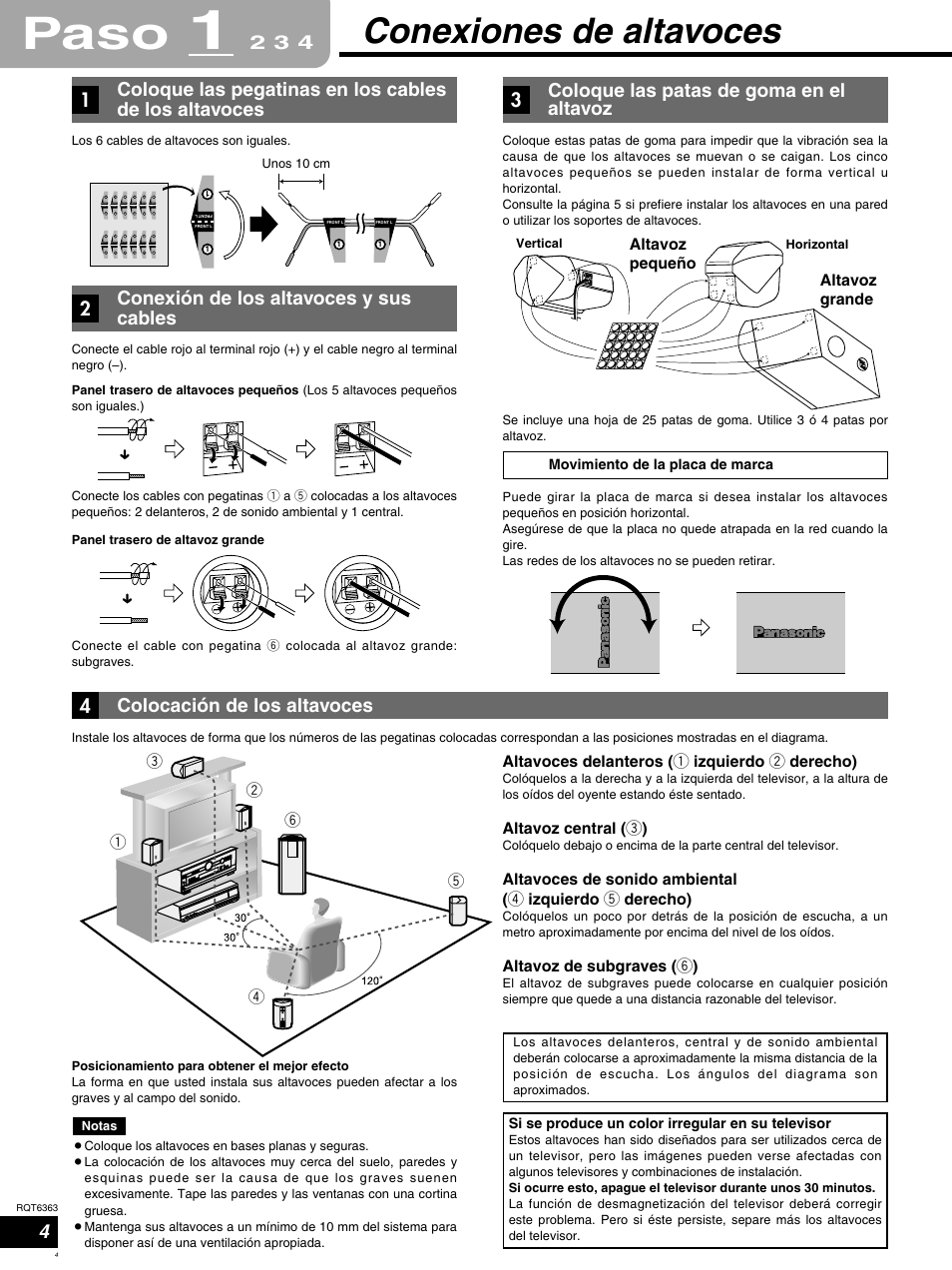 Paso, Conexiones de altavoces, Conexión de los altavoces y sus cables | Coloque las patas de goma en el altavoz, Altavoces delanteros ( 1 izquierdo 2 derecho), Altavoz central ( 3 ), Altavoz de subgraves ( 6 ), Altavoz pequeño, Altavoz grande | Panasonic SCHT400 User Manual | Page 4 / 76