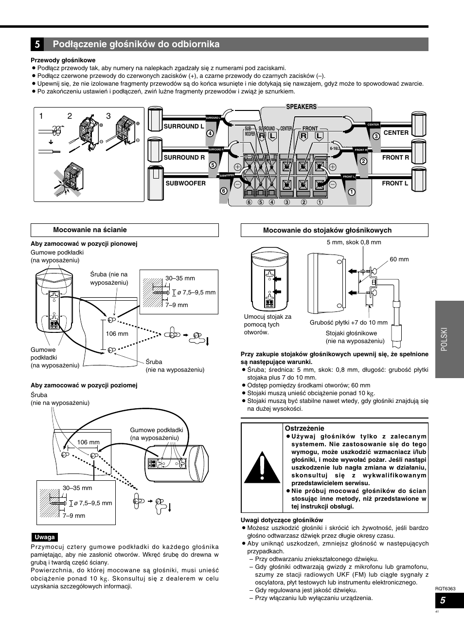 Podíåczenie gíoßników do odbiornika, Polski | Panasonic SCHT400 User Manual | Page 41 / 76