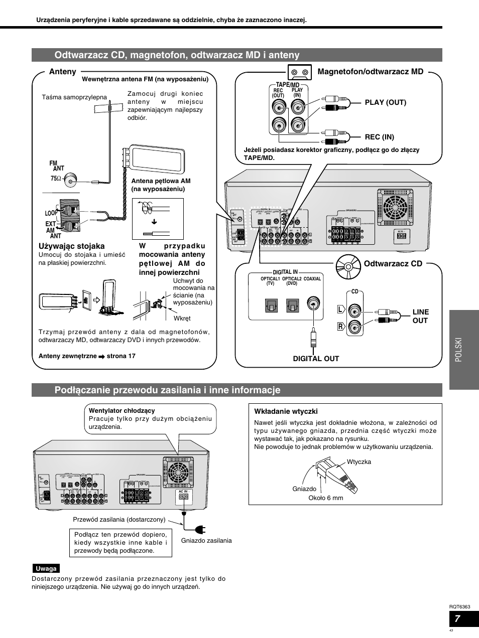 Odtwarzacz cd, magnetofon, odtwarzacz md i anteny, Podíåczanie przewodu zasilania i inne informacje, Polski | Magnetofon/odtwarzacz md, Odtwarzacz cd, Anteny, Uæywajåc stojaka, Play (out) rec (in), Line out, Wkíadanie wtyczki | Panasonic SCHT400 User Manual | Page 43 / 76