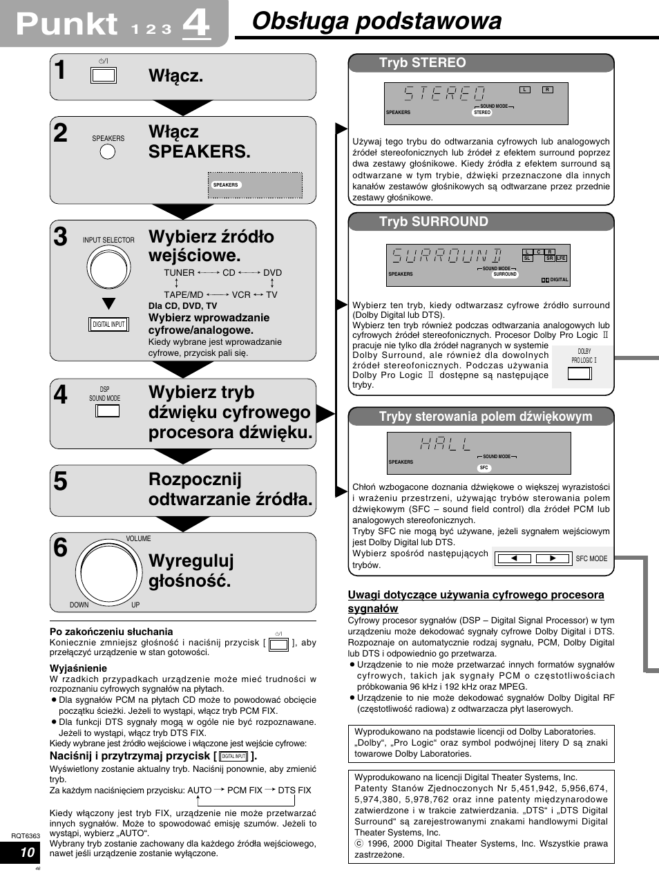 Punkt, Obsíuga podstawowa, Wíåcz | Wíåcz speakers, Wybierz ωródío wejßciowe | Panasonic SCHT400 User Manual | Page 46 / 76