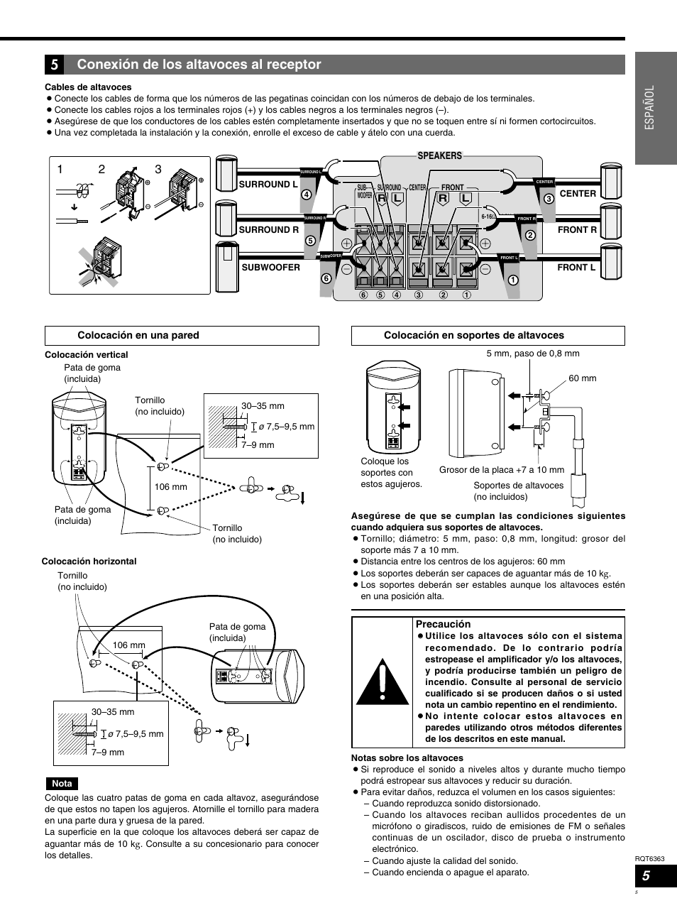 Conexión de los altavoces al receptor, Espa ñ ol | Panasonic SCHT400 User Manual | Page 5 / 76