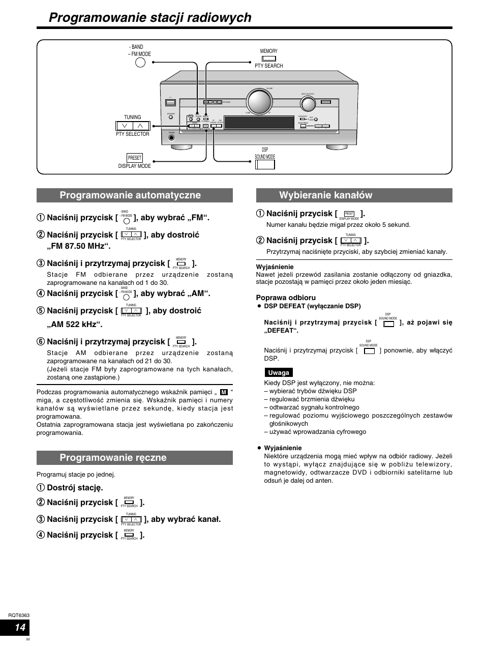 Programowanie stacji radiowych, Qq nacißnij przycisk, Ww nacißnij przycisk | Poprawa odbioru | Panasonic SCHT400 User Manual | Page 50 / 76