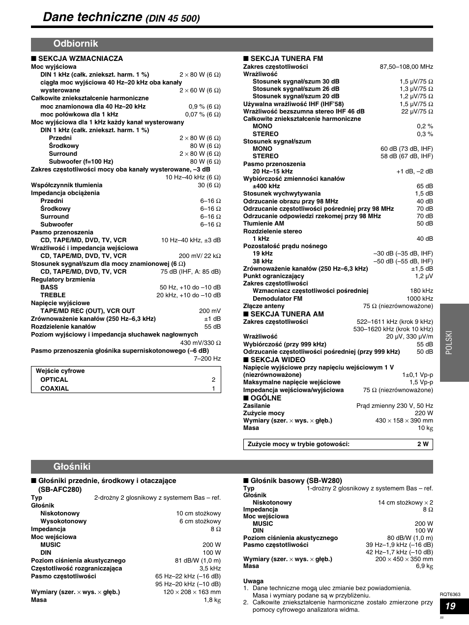Dane techniczne, Odbiornik, Gíoßniki | Polski | Panasonic SCHT400 User Manual | Page 55 / 76