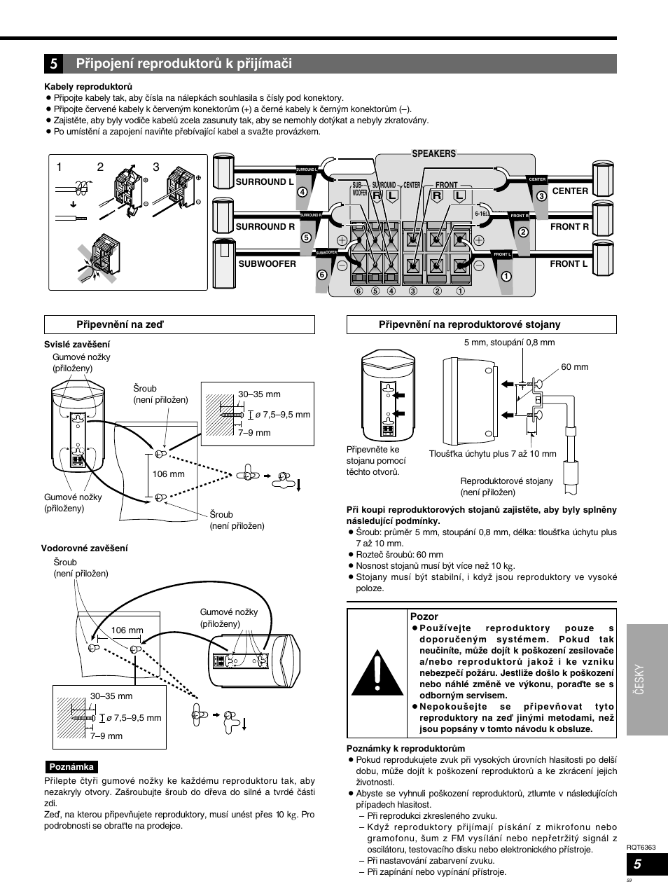 P®ipojení reproduktorü k p®ijímaçi, Çesky | Panasonic SCHT400 User Manual | Page 59 / 76