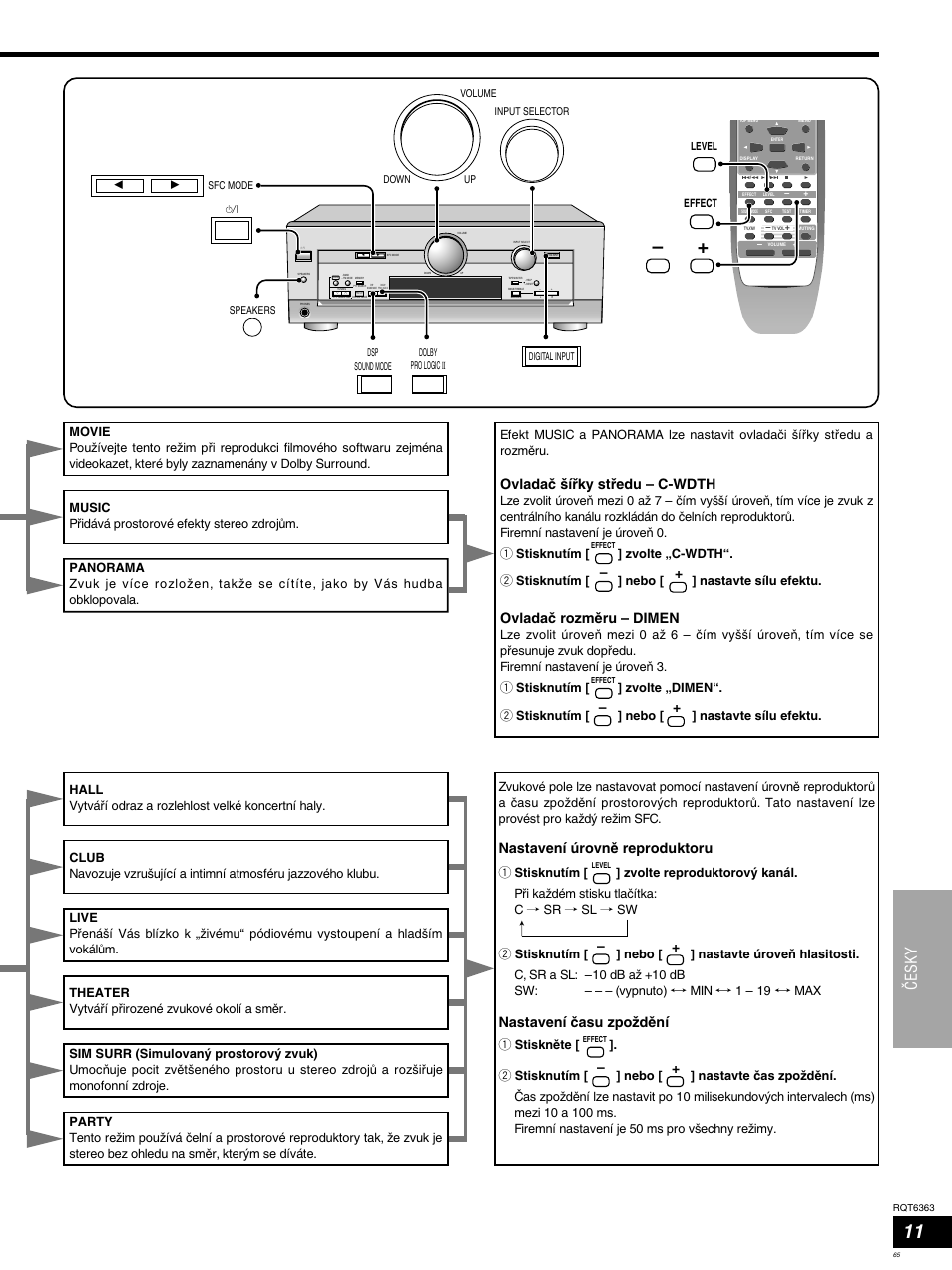 Çesky, Nastavení úrovnë reproduktoru, Nastavení çasu zpoωdëní | Ovladaç ßí®ky st®edu – c-wdth, Ovladaç rozmëru – dimen | Panasonic SCHT400 User Manual | Page 65 / 76