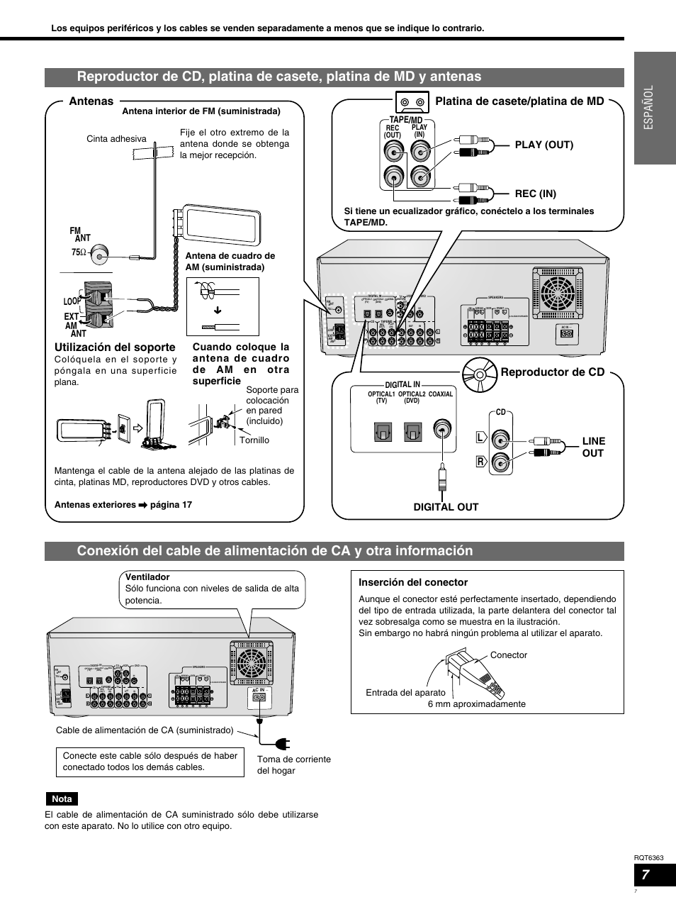 Espa ñ ol, Platina de casete/platina de md, Reproductor de cd | Antenas, Utilización del soporte, Play (out) rec (in), Line out, Inserción del conector, Digital out, Tape/md | Panasonic SCHT400 User Manual | Page 7 / 76