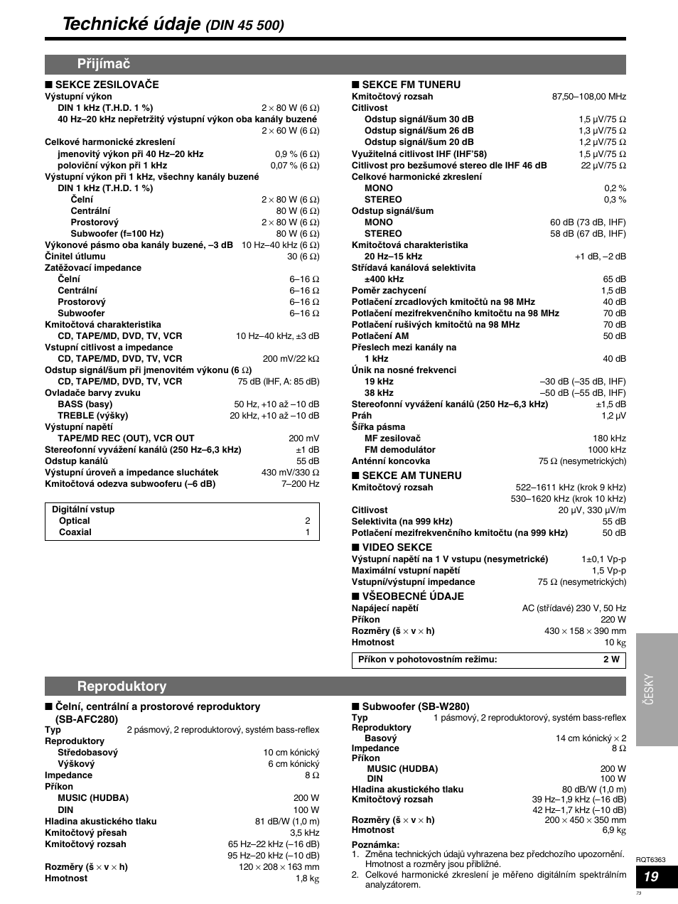 Technické údaje, Reproduktory, Çesky | Panasonic SCHT400 User Manual | Page 73 / 76