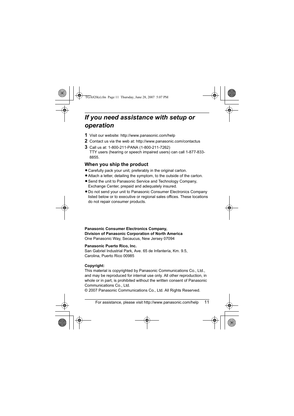 If you need assistance with setup or operation | Panasonic KXTGA820 User Manual | Page 11 / 16