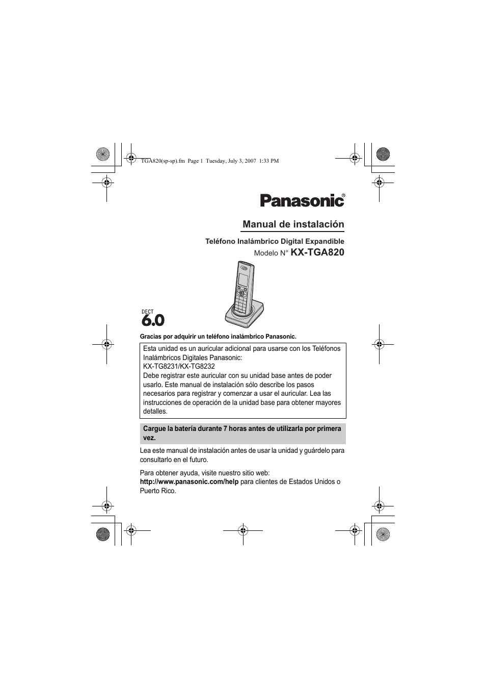 Kx-tga820 manual de instalación | Panasonic KXTGA820 User Manual | Page 12 / 16