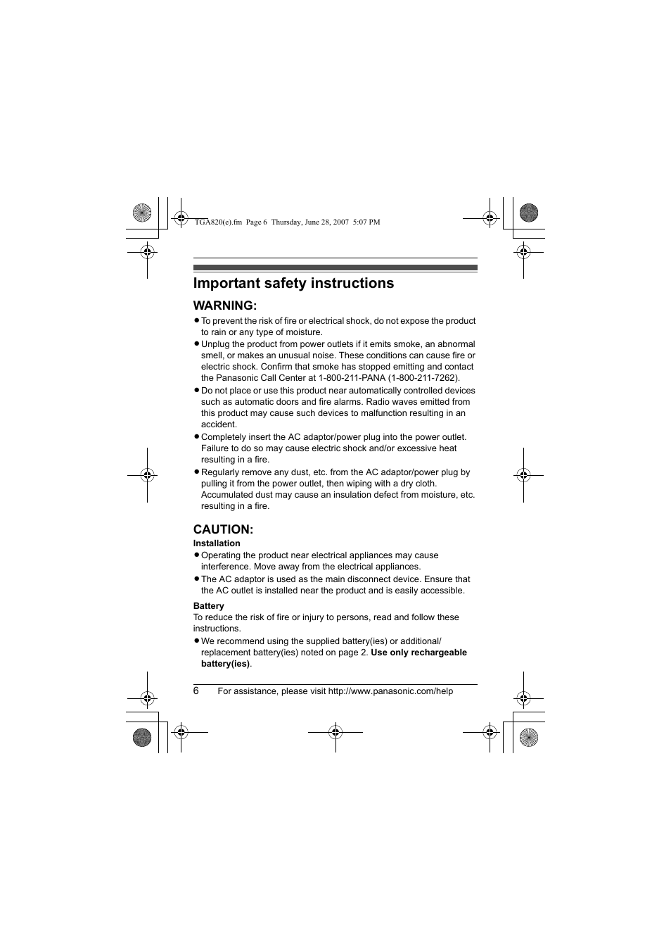 Important safety instructions, Warning, Caution | Panasonic KXTGA820 User Manual | Page 6 / 16