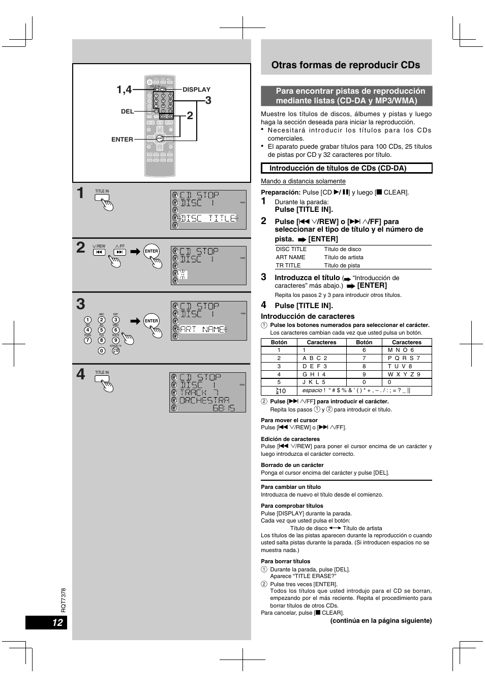 Otras formas de reproducir cds, Introducción de títulos de cds (cd-da), Pulse [title in | Pulse, Rew] o, Introduzca el título, Enter, Pulse [title in]. introducción de caracteres, Durante la parada, Introducción de caracteres” más abajo.) | Panasonic SCPM29 User Manual | Page 12 / 27