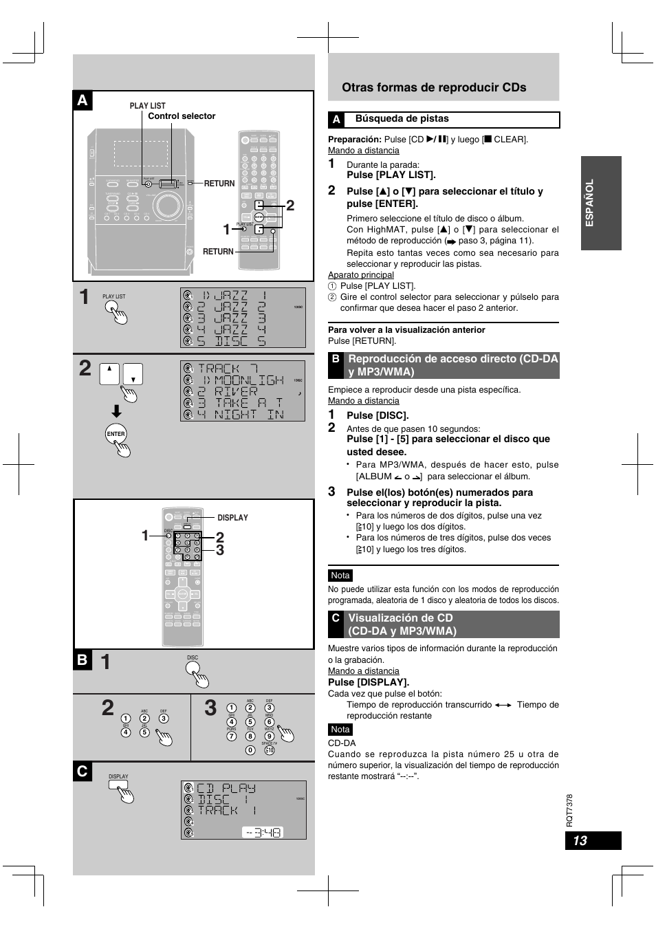 Ab c, Otras formas de reproducir cds, B reproducción de acceso directo (cd-da y mp3/wma) | C visualización de cd (cd-da y mp3/wma), Español, Búsqueda de pistas, Pulse [play list, Pulse, Para seleccionar el título y pulse [enter, Pulse [disc | Panasonic SCPM29 User Manual | Page 13 / 27