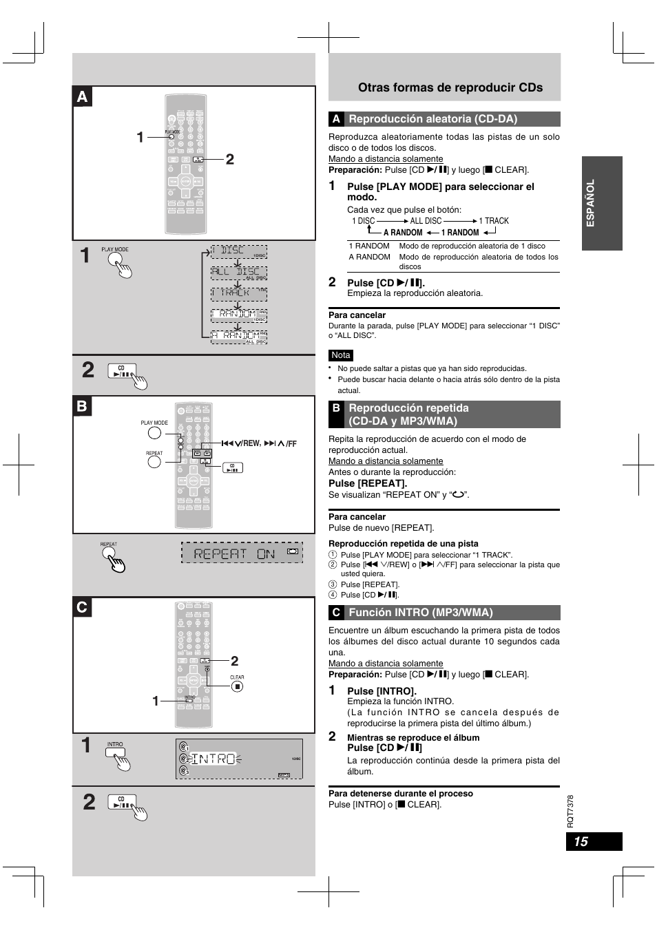 Otras formas de reproducir cds, A reproducción aleatoria (cd-da), B reproducción repetida (cd-da y mp3/wma) | C función intro (mp3/wma) | Panasonic SCPM29 User Manual | Page 15 / 27