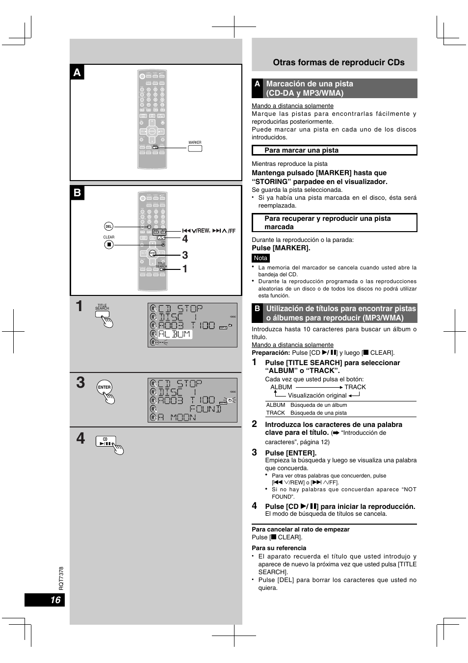 Otras formas de reproducir cds, A marcación de una pista (cd-da y mp3/wma), Para marcar una pista | Para recuperar y reproducir una pista marcada, Pulse [marker, Pulse [enter, Pulse [cd q / h ] para iniciar la reproducción, Mientras reproduce la pista, Se guarda la pista seleccionada, Durante la reproducción o la parada | Panasonic SCPM29 User Manual | Page 16 / 27