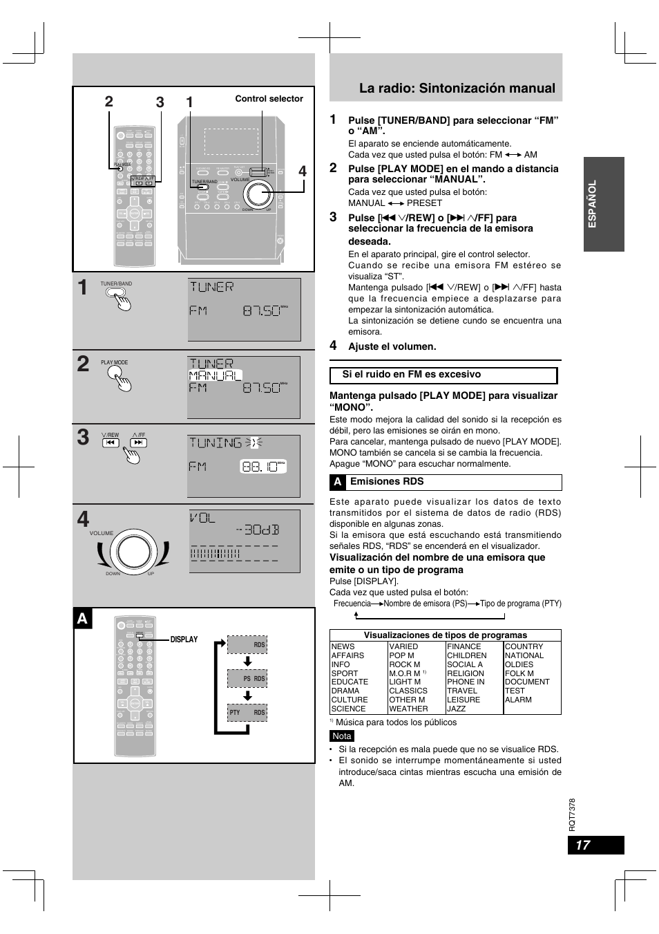 La radio: sintonización manual 1, Español, Pulse [tuner/band] para seleccionar “fm” o “am | Pulse, Rew] o, Emisiones rds, Cada vez que usted pulsa el botón: manual preset, Música para todos los públicos nota, Display, Control selector | Panasonic SCPM29 User Manual | Page 17 / 27