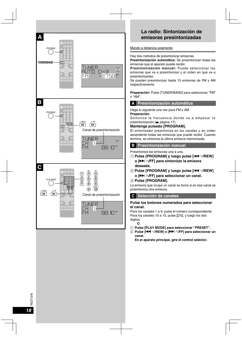 A presintonización automática, B presintonización manual, C selección de canales | Mantenga pulsado [program, Pulse [program] y luego pulse, Rew] o, Ff] para sintonizar la emisora deseada, Ff] para seleccionar un canal, Pulse [program, Presintonice las emisoras una a una | Panasonic SCPM29 User Manual | Page 18 / 27