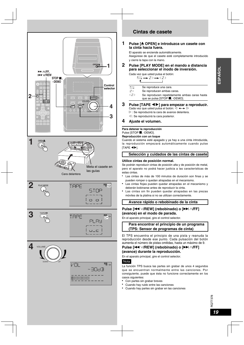 Cintas de casete 1, Español, Pulse [tape 7 ] para empezar a reproducir | Ajuste el volumen, Selección y cuidados de las cintas de casete, Avance rápido o rebobinado de la cinta pulse, Rew] (rebobinado) o, Ff] (avance) en el modo de parada, Pulse, Ff] (avance) durante la reproducción | Panasonic SCPM29 User Manual | Page 19 / 27