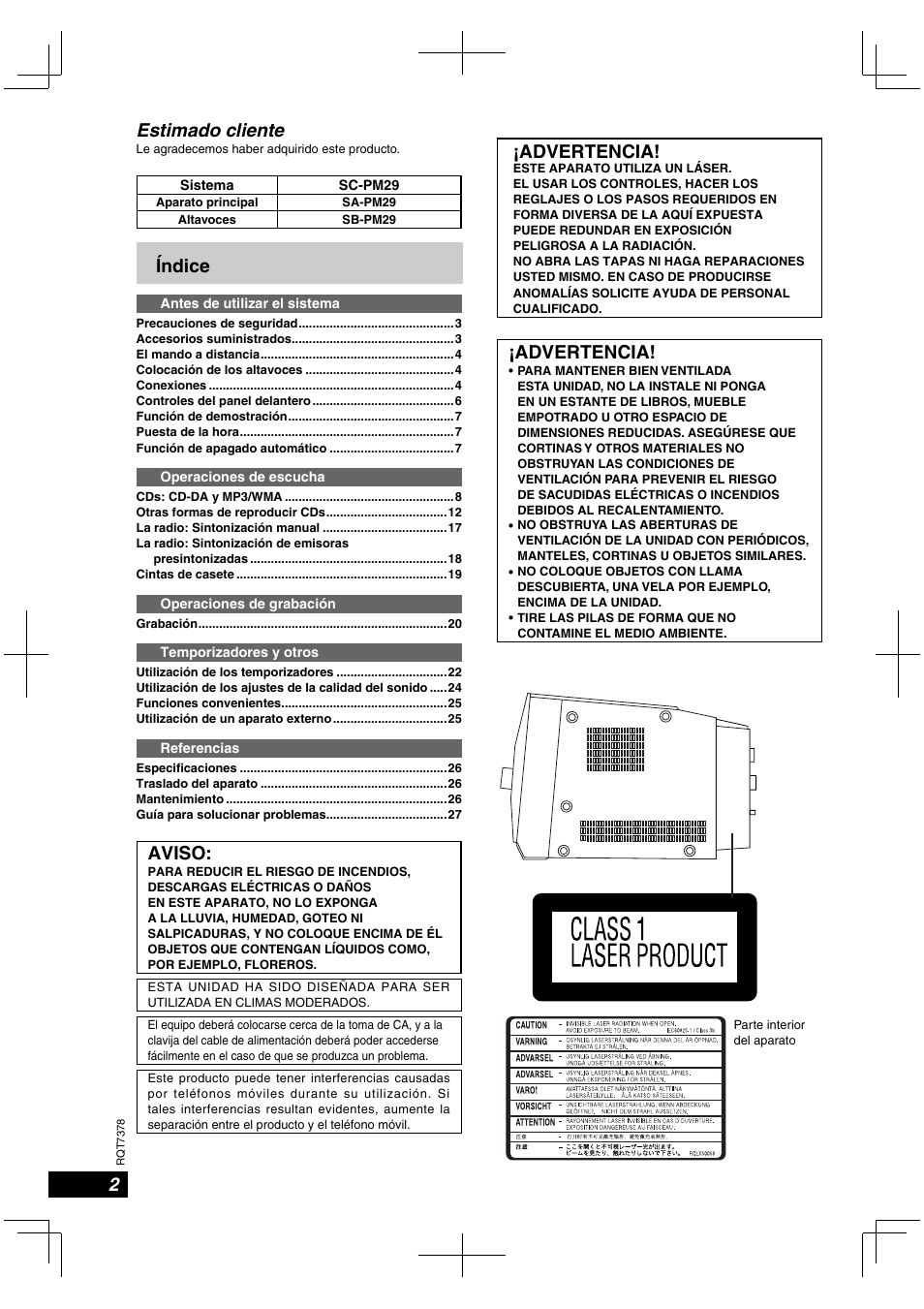 Índice, Aviso, Estimado cliente | Advertencia | Panasonic SCPM29 User Manual | Page 2 / 27