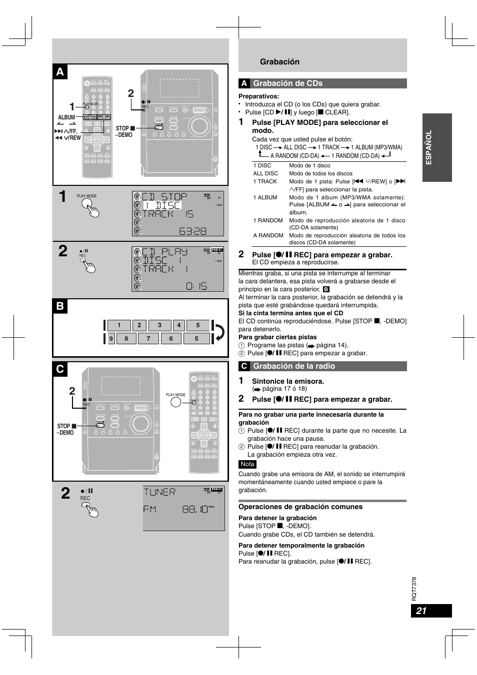 Ac 1, Grabación a grabación de cds, C grabación de la radio | Español, Pulse [play mode] para seleccionar el modo, Pulse [ * / h rec] para empezar a grabar, Sintonice la emisora, Operaciones de grabación comunes, Preparativos, Introduzca el cd (o los cds) que quiera grabar | Panasonic SCPM29 User Manual | Page 21 / 27