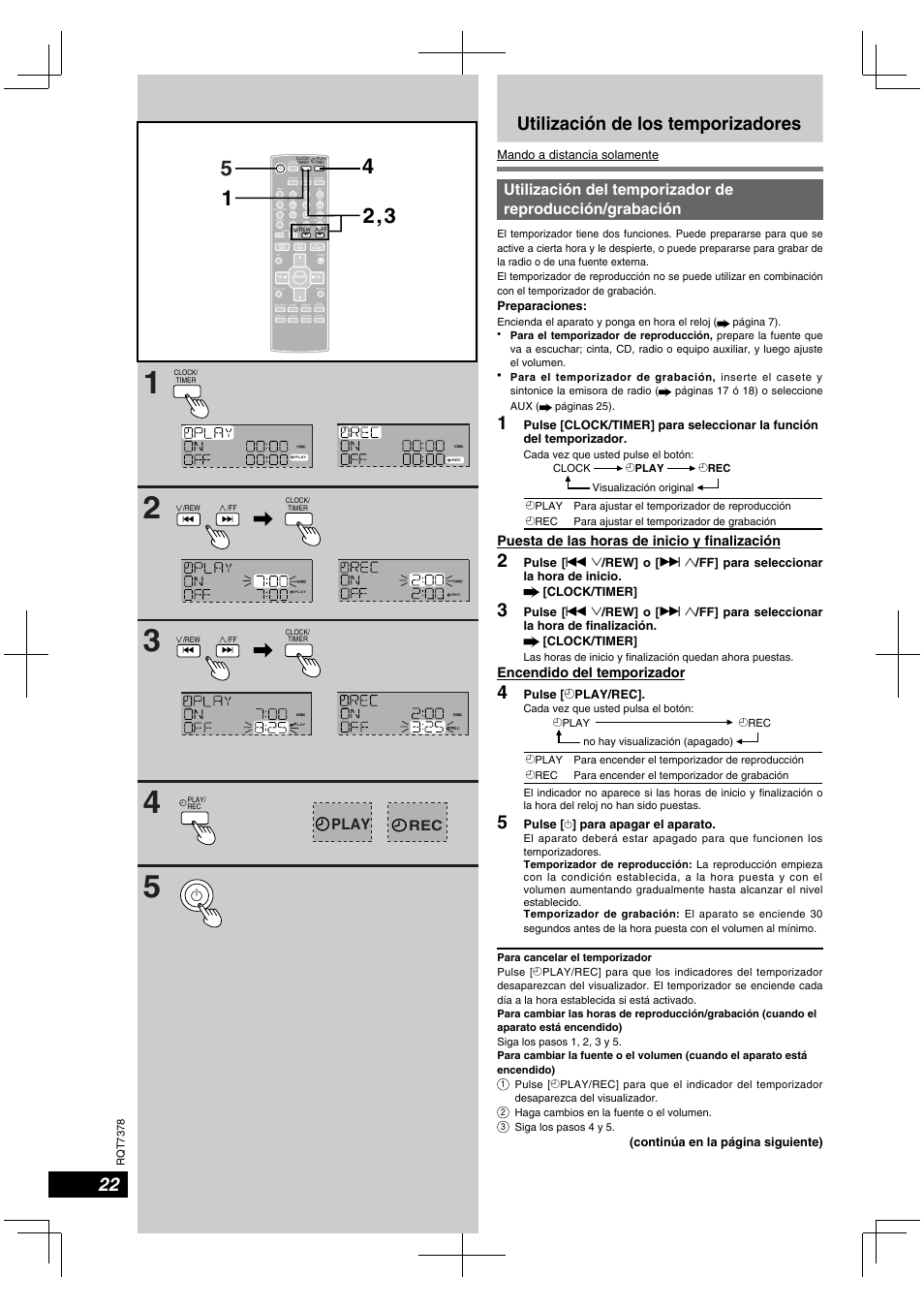 Utilización de los temporizadores, Play, Puesta de las horas de inicio y fi nalización | Encendido del temporizador | Panasonic SCPM29 User Manual | Page 22 / 27