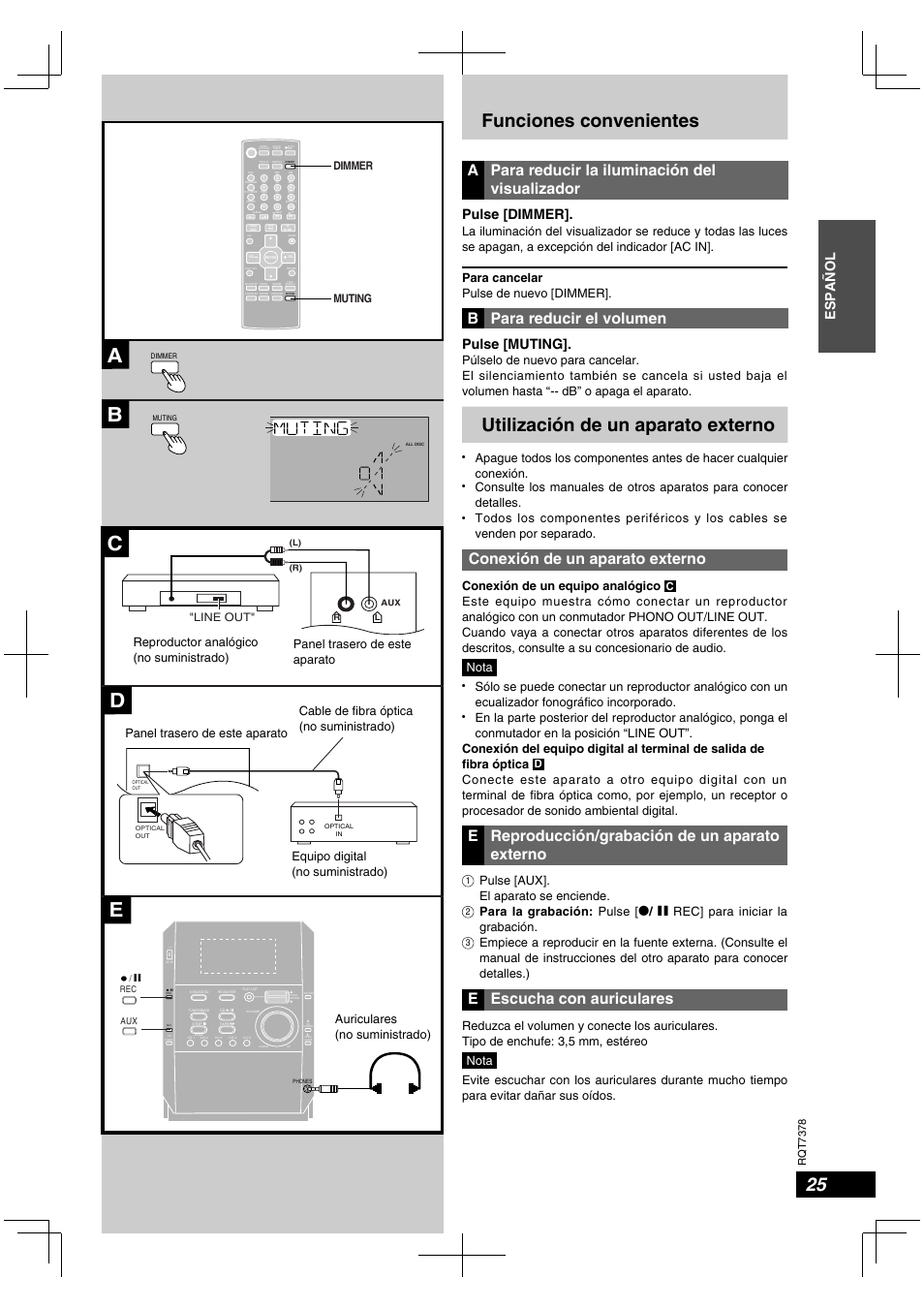 Ab c, Funciones convenientes, Utilización de un aparato externo | A para reducir la iluminación del visualizador, B para reducir el volumen, Conexión de un aparato externo, E reproducción/grabación de un aparato externo, E escucha con auriculares, Español, Pulse [dimmer | Panasonic SCPM29 User Manual | Page 25 / 27