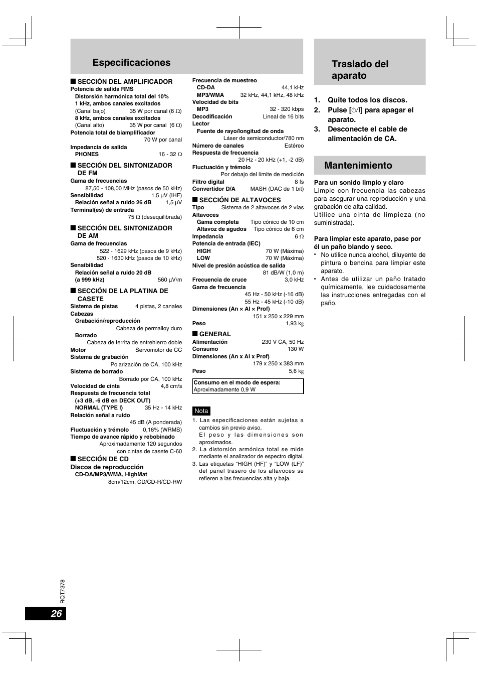 Especifi caciones, Traslado del aparato, Mantenimiento | Panasonic SCPM29 User Manual | Page 26 / 27