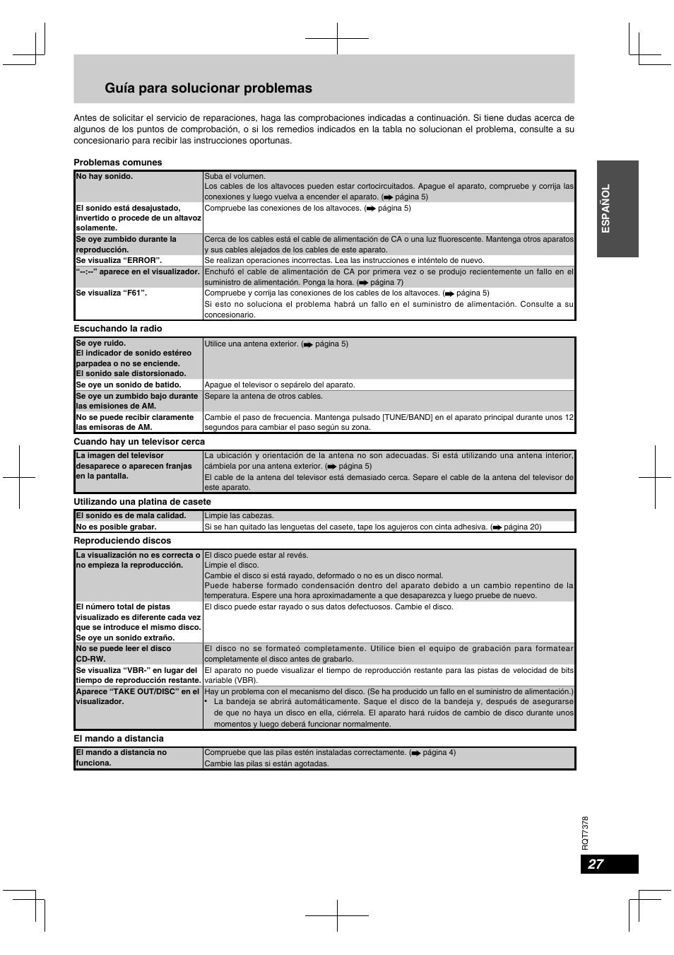 Guía para solucionar problemas | Panasonic SCPM29 User Manual | Page 27 / 27