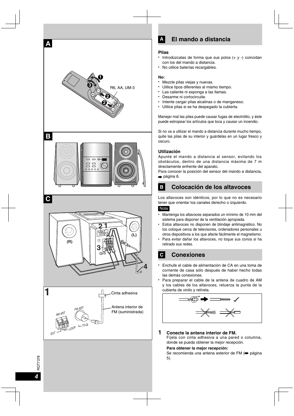 Ac b, El mando a distancia, Colocación de los altavoces | Conexiones | Panasonic SCPM29 User Manual | Page 4 / 27