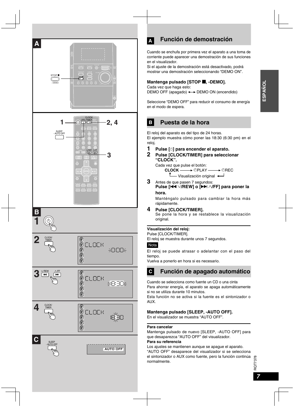 13 2, 4 b, Función de demostración, Puesta de la hora | Función de apagado automático, Español, Mantenga pulsado [stop g , -demo, Pulse [ ^ ] para encender el aparato, Pulse [clock/timer] para seleccionar “clock, Pulse, Rew] o | Panasonic SCPM29 User Manual | Page 7 / 27