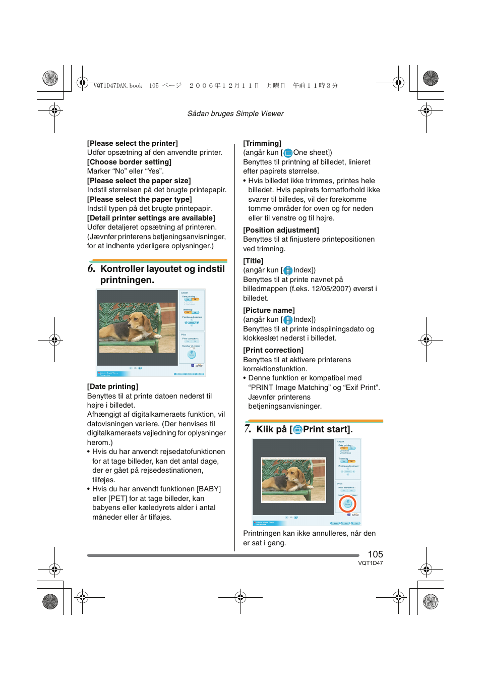 Kontroller layoutet og indstil printningen, Klik på [ print start | Panasonic DMCFX30 User Manual | Page 105 / 120