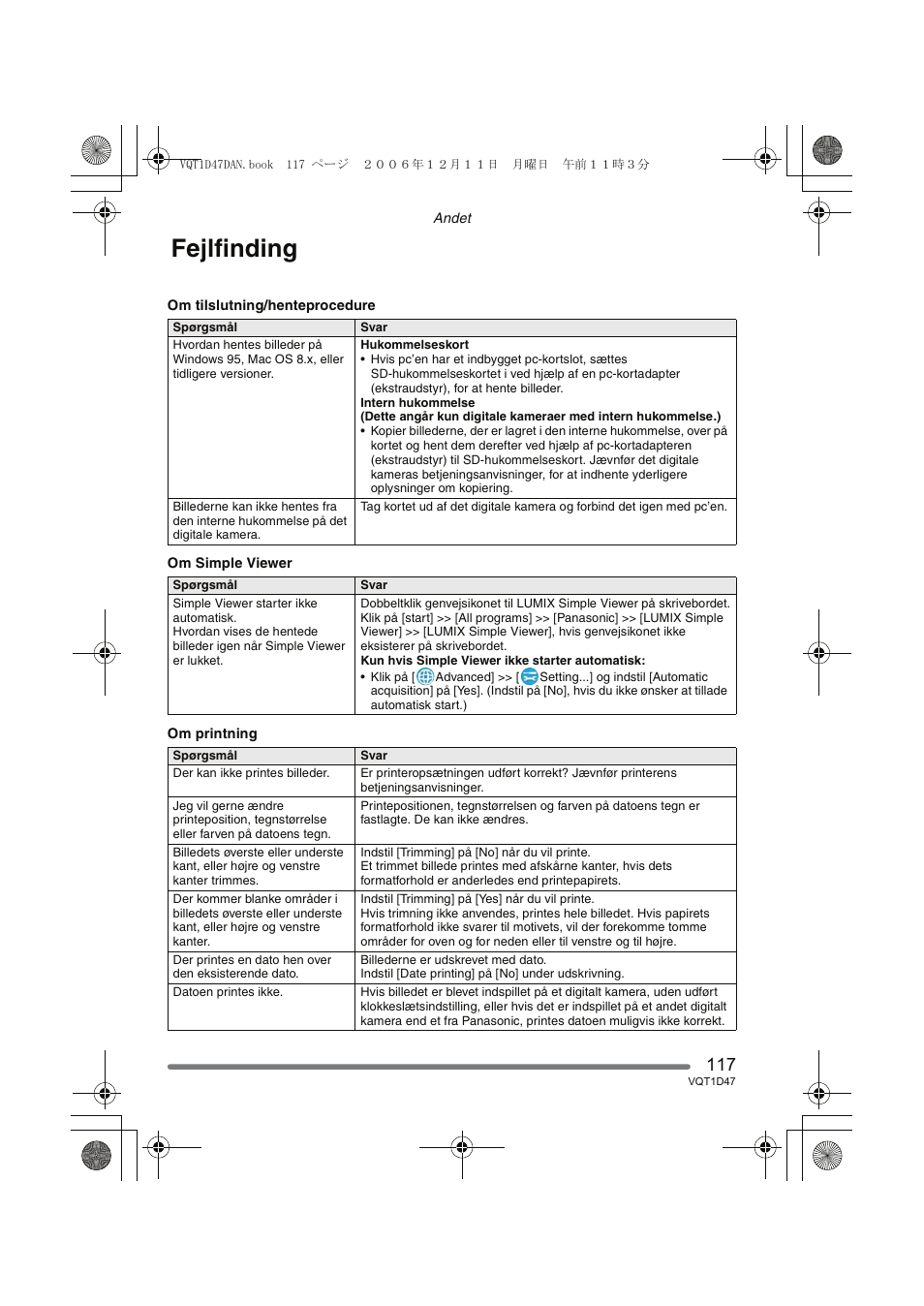 Fejlfinding | Panasonic DMCFX30 User Manual | Page 117 / 120