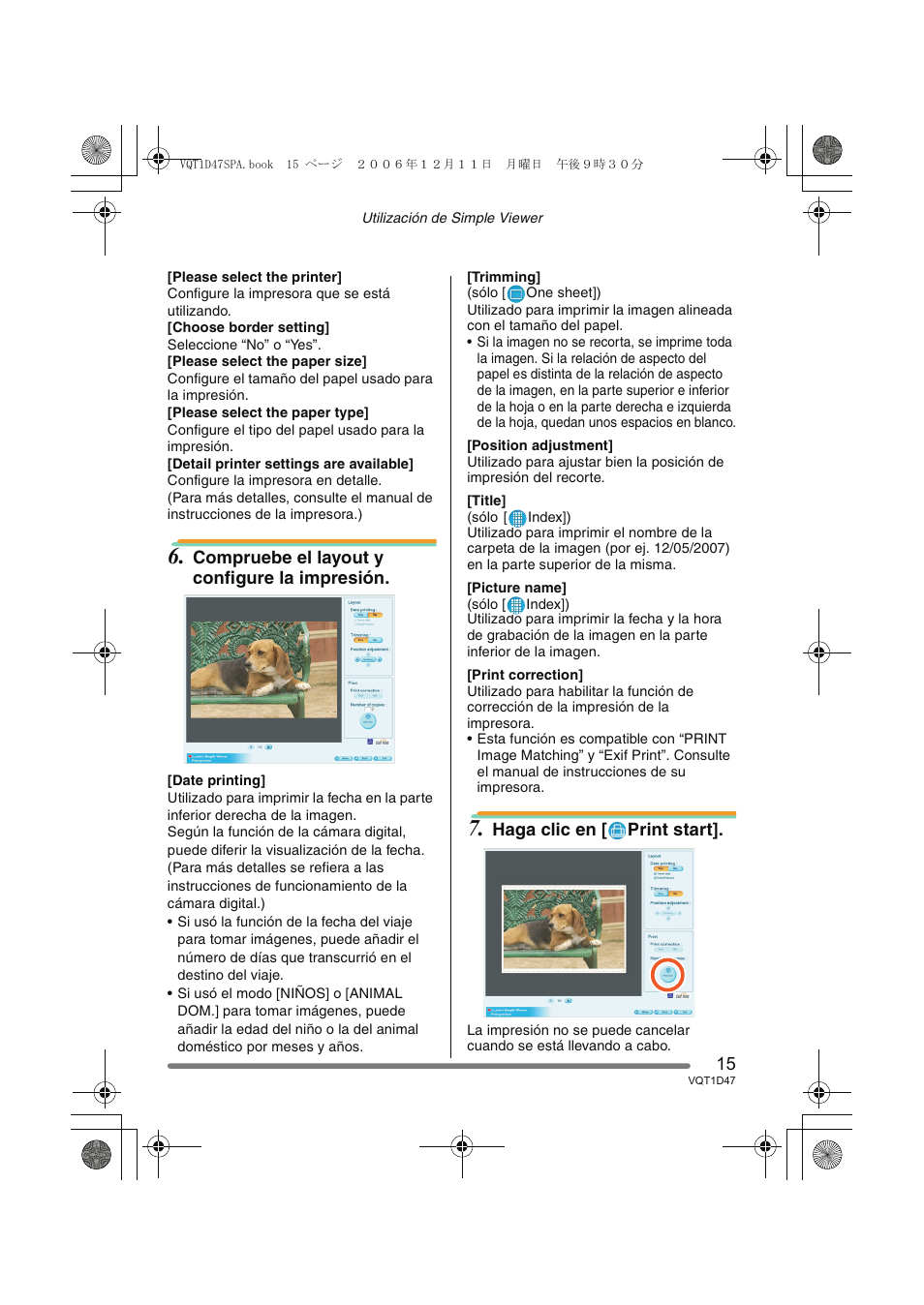 Compruebe el layout y configure la impresión, Haga clic en [ print start | Panasonic DMCFX30 User Manual | Page 15 / 120