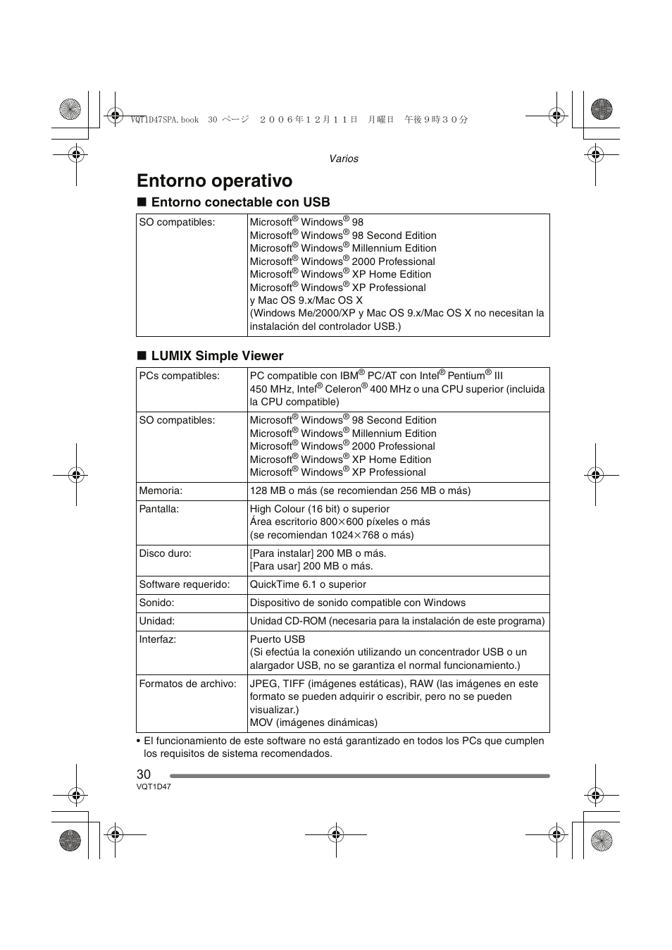 Entorno operativo, Entorno conectable con usb ∫ lumix simple viewer | Panasonic DMCFX30 User Manual | Page 30 / 120
