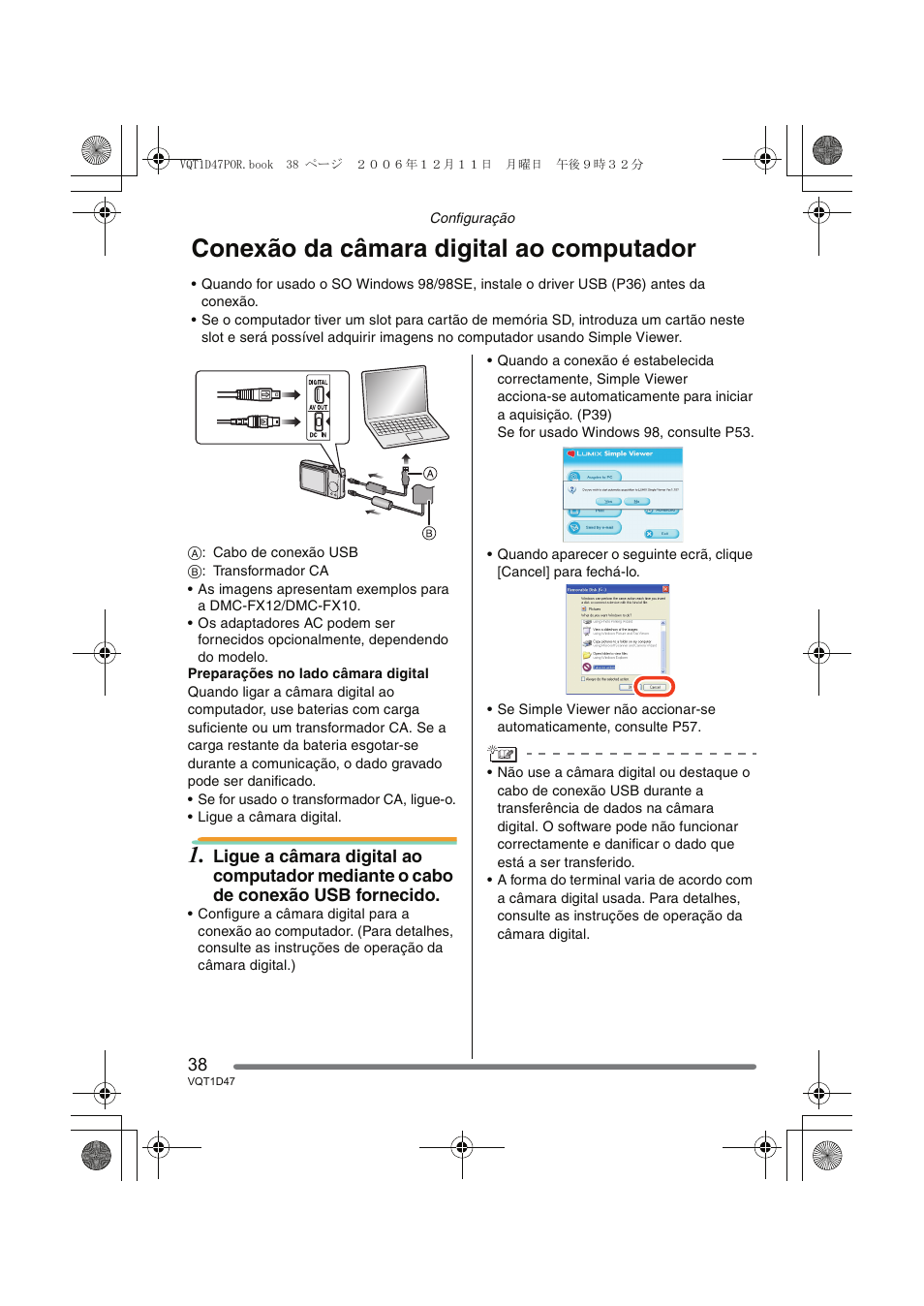 Conexão da câmara digital ao computador | Panasonic DMCFX30 User Manual | Page 38 / 120