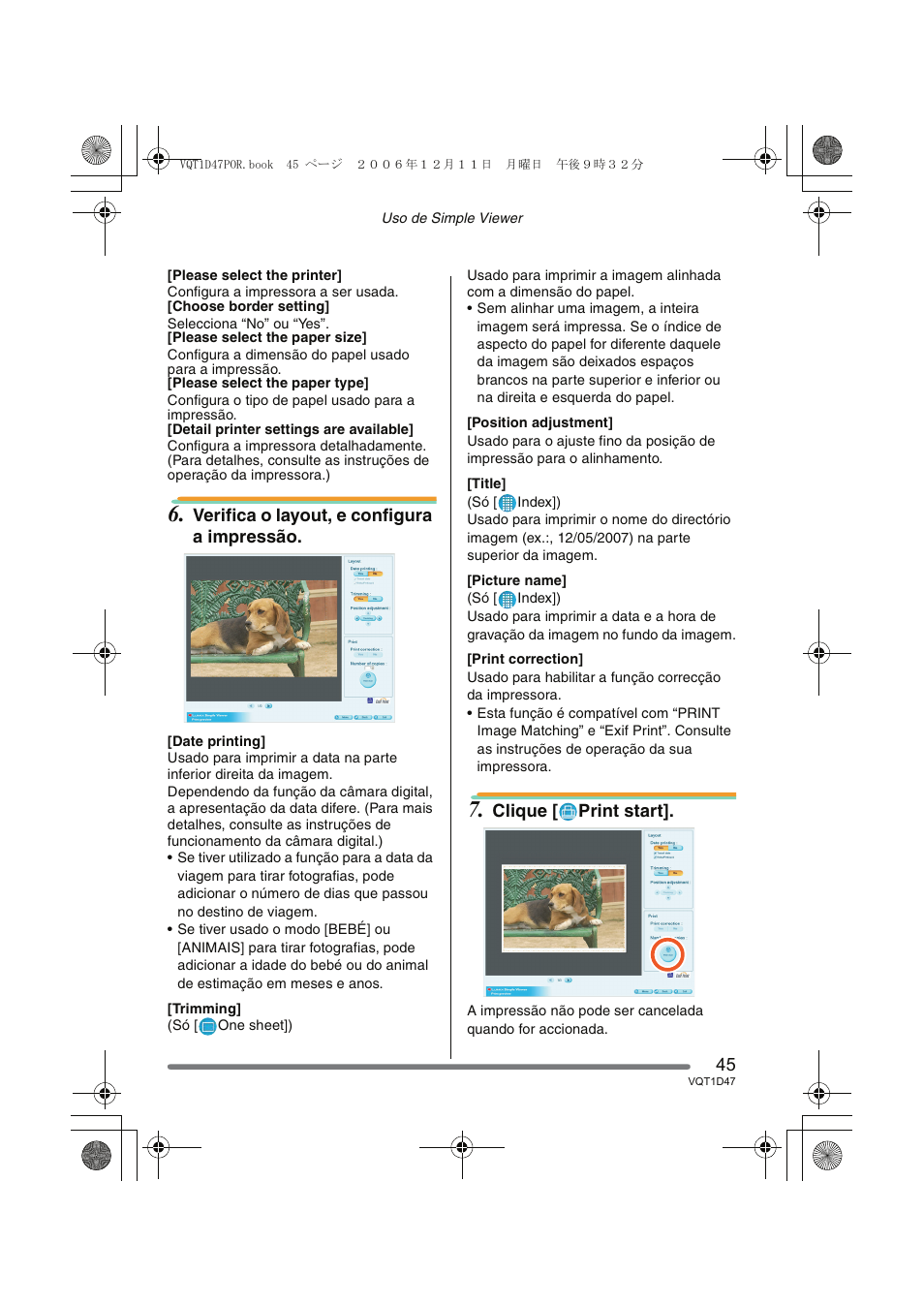 Verifica o layout, e configura a impressão, Clique [ print start | Panasonic DMCFX30 User Manual | Page 45 / 120