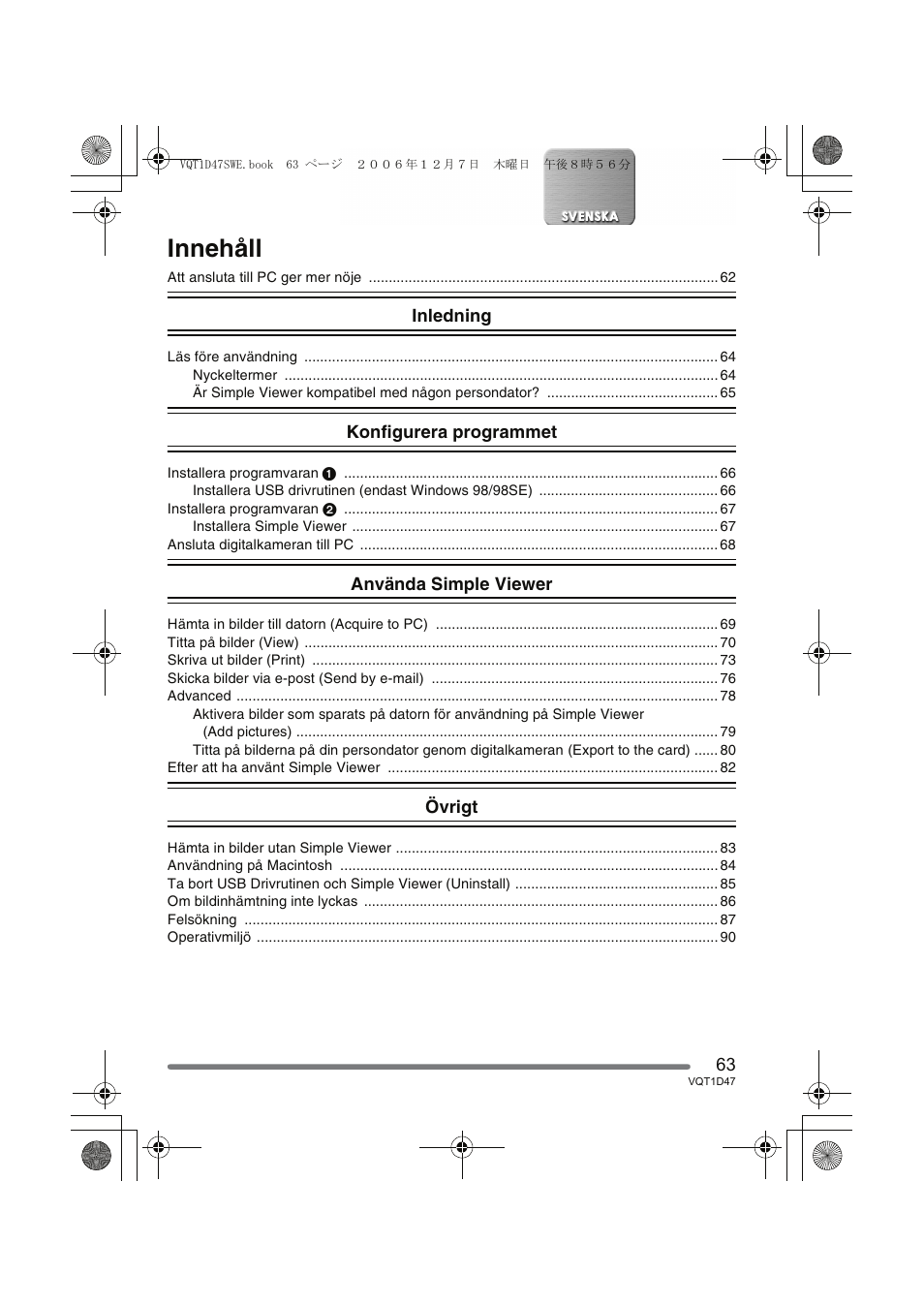 Innehåll | Panasonic DMCFX30 User Manual | Page 63 / 120