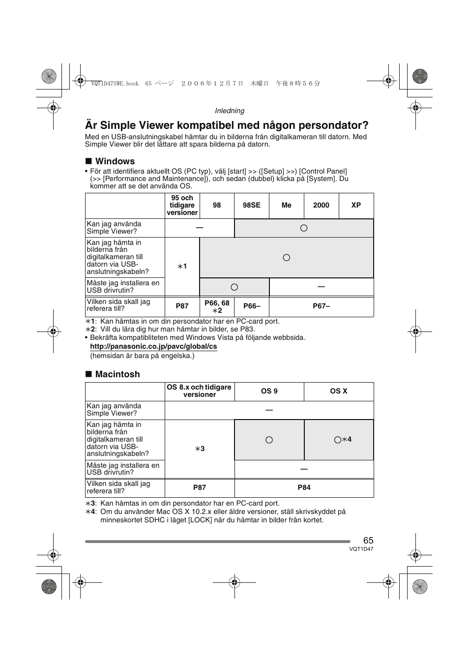 Är simple viewer kompatibel med någon persondator, Windows, Macintosh | Panasonic DMCFX30 User Manual | Page 65 / 120