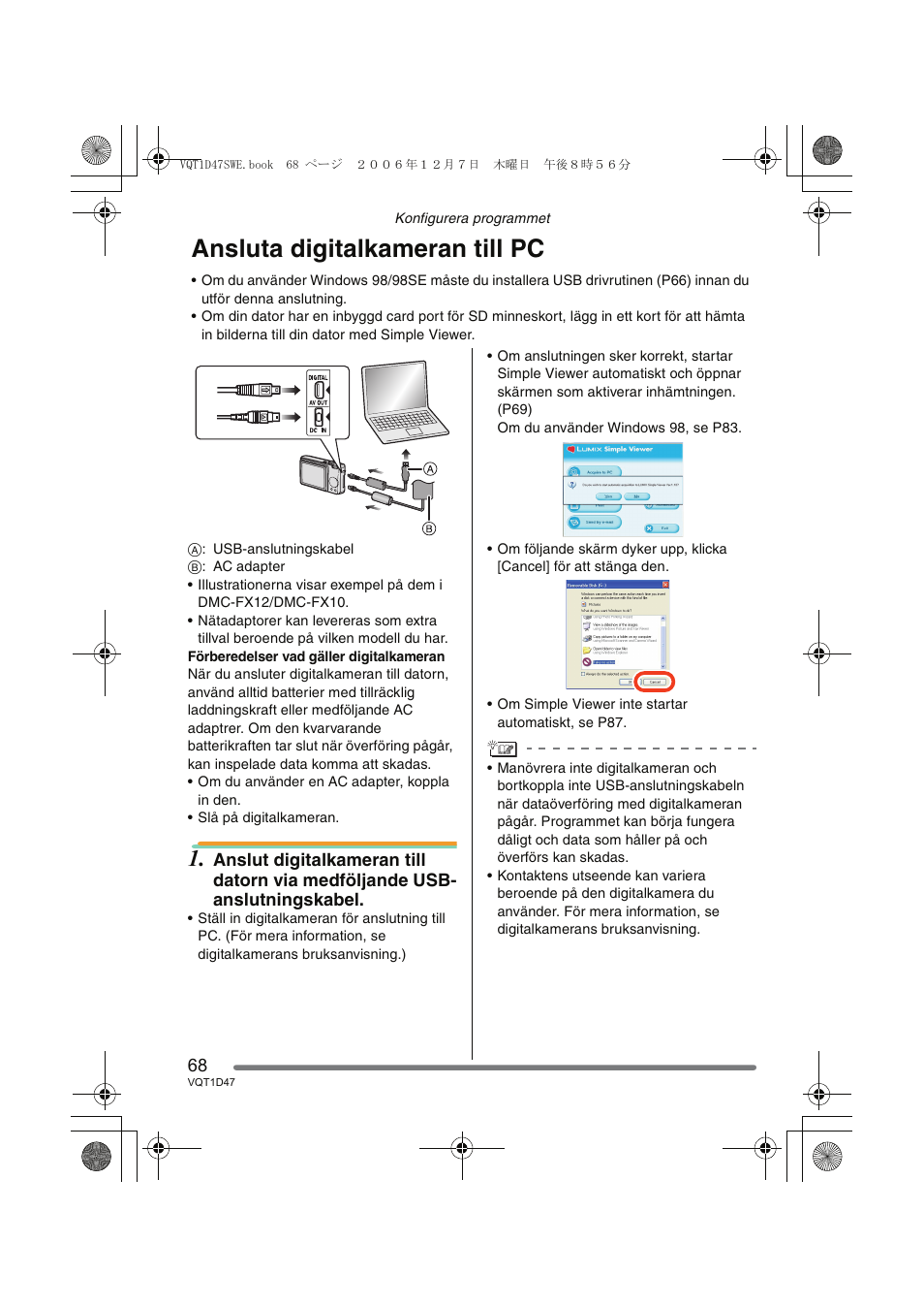 Ansluta digitalkameran till pc | Panasonic DMCFX30 User Manual | Page 68 / 120