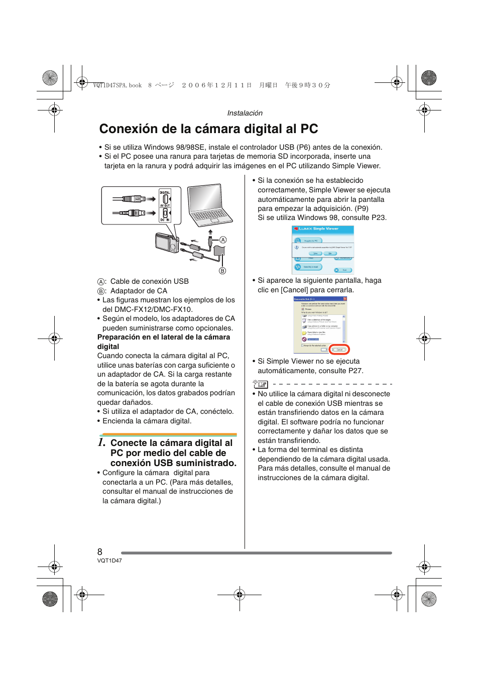 Conexión de la cámara digital al pc | Panasonic DMCFX30 User Manual | Page 8 / 120