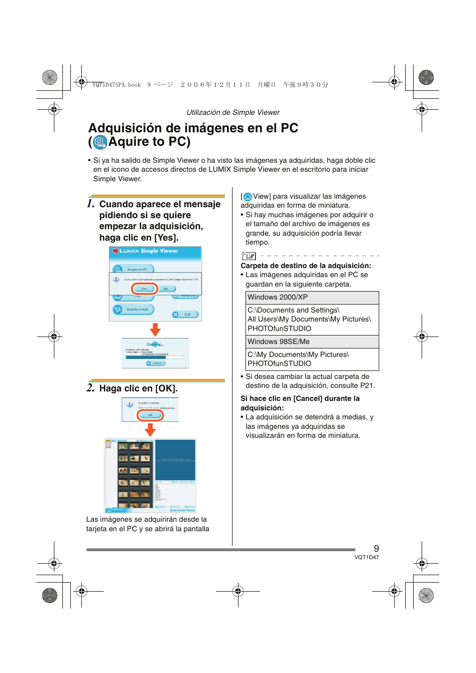 Adquisición de imágenes en el pc ( aquire to pc) | Panasonic DMCFX30 User Manual | Page 9 / 120