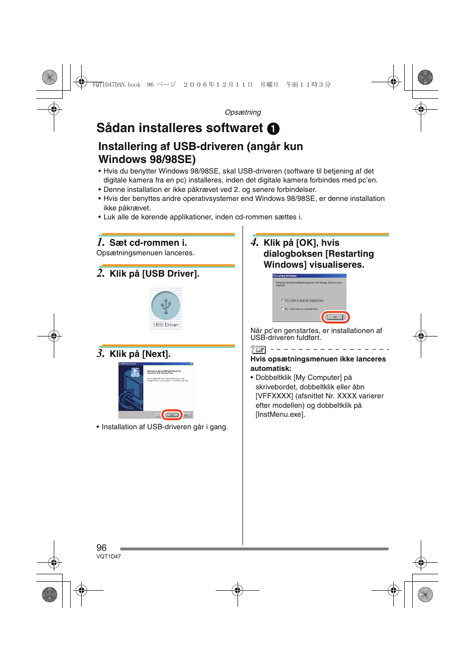 Sådan installeres softwaret 1 | Panasonic DMCFX30 User Manual | Page 96 / 120